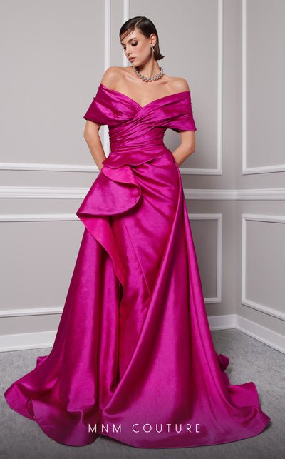 MNM Couture 2747A strapless broquard gown with flared skirt and tail. | Couture Shop LA