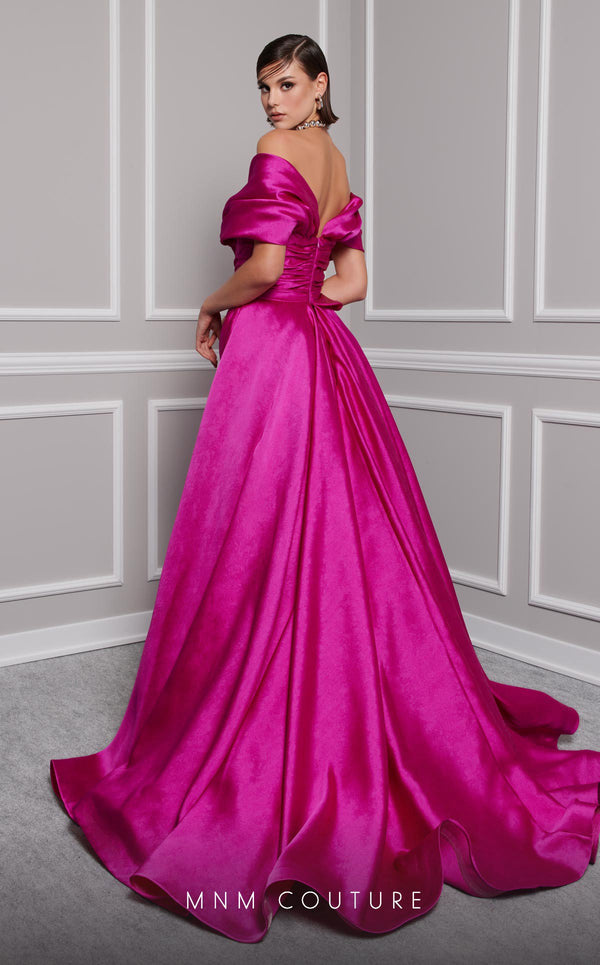MNM Couture 2747A strapless broquard gown with flared skirt and tail. | Couture Shop LA