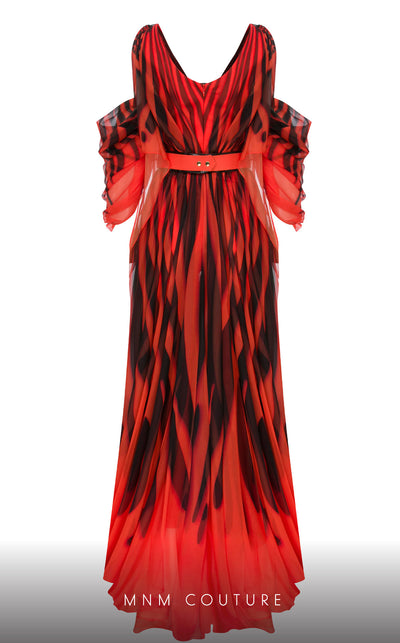 MNM Couture 2748: Sleeveless chiffon jumpsuit with a V-neckline, cinched belt, and flowing wide-leg silhouette. | Couture Shop LA