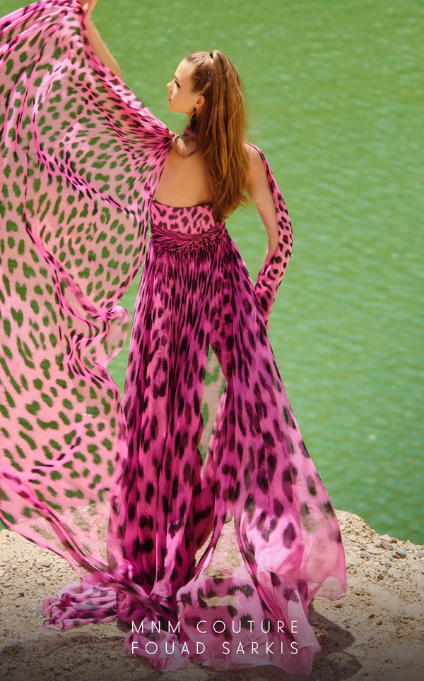 MNM Couture 2750: Halter chiffon jumpsuit with dramatic overskirt and tailored wide-leg design. | Couture Shop LA