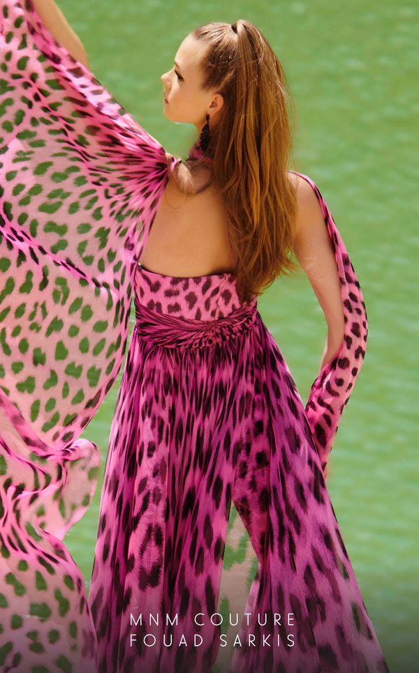 MNM Couture 2750: Halter chiffon jumpsuit with dramatic overskirt and tailored wide-leg design. | Couture Shop LA