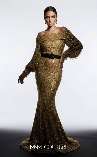 MNM Couture 2752A bugle fringe beaded off-shoulder gown with puffed long sleeves, belt, and lower mermaid train | Couture Shop LA.