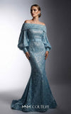 MNM Couture 2752A bugle fringe beaded off-shoulder gown with puffed long sleeves, belt, and lower mermaid train | Couture Shop LA.