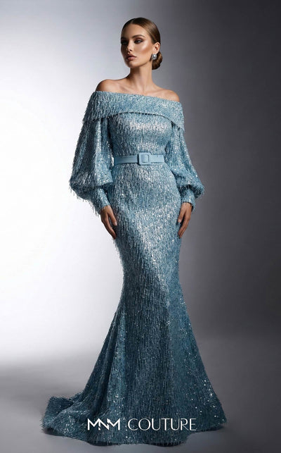 MNM Couture 2752A bugle fringe beaded off-shoulder gown with puffed long sleeves, belt, and lower mermaid train | Couture Shop LA.