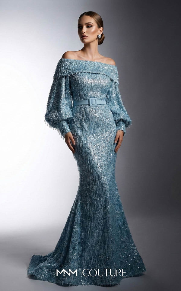 MNM Couture 2752A bugle fringe beaded off-shoulder gown with puffed long sleeves, belt, and lower mermaid train | Couture Shop LA.