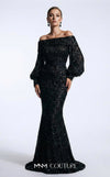 MNM Couture 2752A bugle fringe beaded off-shoulder gown with puffed long sleeves, belt, and lower mermaid train | Couture Shop LA.