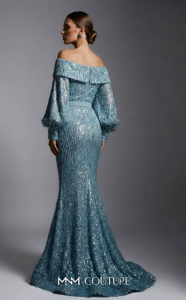 MNM Couture 2752A bugle fringe beaded off-shoulder gown with puffed long sleeves, belt, and lower mermaid train | Couture Shop LA.