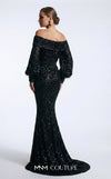 MNM Couture 2752A bugle fringe beaded off-shoulder gown with puffed long sleeves, belt, and lower mermaid train | Couture Shop LA.