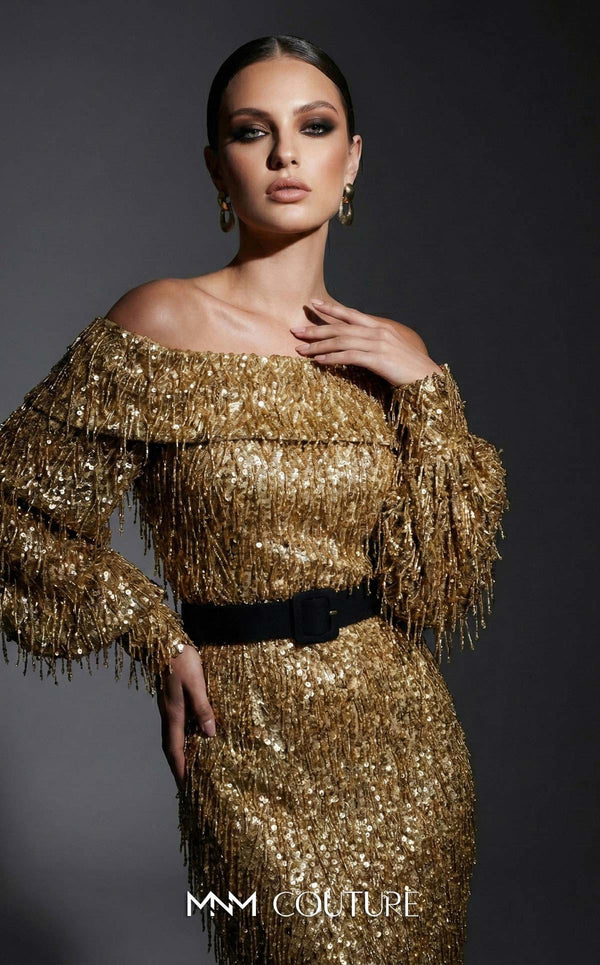 MNM Couture 2752A bugle fringe beaded off-shoulder gown with puffed long sleeves, belt, and lower mermaid train | Couture Shop LA.