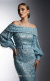 MNM Couture 2752A bugle fringe beaded off-shoulder gown with puffed long sleeves, belt, and lower mermaid train | Couture Shop LA.
