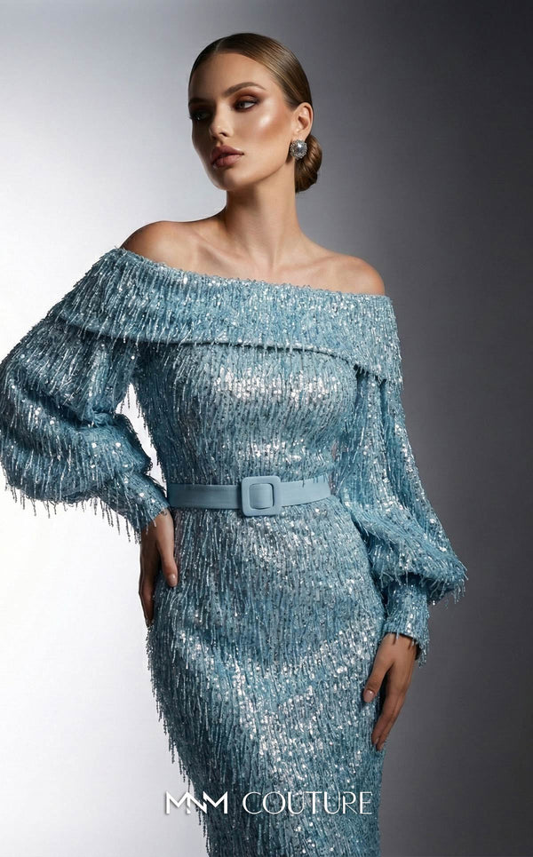 MNM Couture 2752A bugle fringe beaded off-shoulder gown with puffed long sleeves, belt, and lower mermaid train | Couture Shop LA.