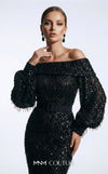MNM Couture 2752A bugle fringe beaded off-shoulder gown with puffed long sleeves, belt, and lower mermaid train | Couture Shop LA.