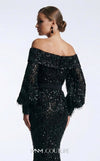 MNM Couture 2752A bugle fringe beaded off-shoulder gown with puffed long sleeves, belt, and lower mermaid train | Couture Shop LA.
