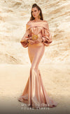 Long trumpet gown with off-the-shoulder cuffs and a fitted bodice for evening elegance.