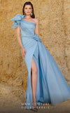 One-shoulder floor-length column dress with ruffled draping, side slit, and fitted waist.