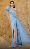 MNM Couture 2754: One-shoulder column dress with ruffled draping, side slit, and fitted waist. | Couture Shop LA