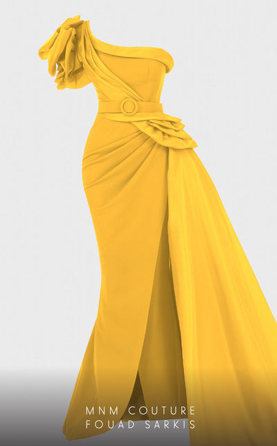 MNM Couture 2754: One-shoulder column dress with ruffled draping, side slit, and fitted waist. | Couture Shop LA