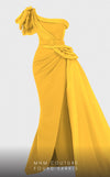 MNM Couture 2754: One-shoulder column dress with ruffled draping, side slit, and fitted waist. | Couture Shop LA