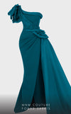 MNM Couture 2754: One-shoulder column dress with ruffled draping, side slit, and fitted waist. | Couture Shop LA