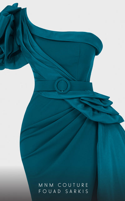 MNM Couture 2754: One-shoulder column dress with ruffled draping, side slit, and fitted waist. | Couture Shop LA