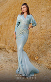 MNM Couture 2756 V-neck mermaid gown with puffed sleeves and embroidery.