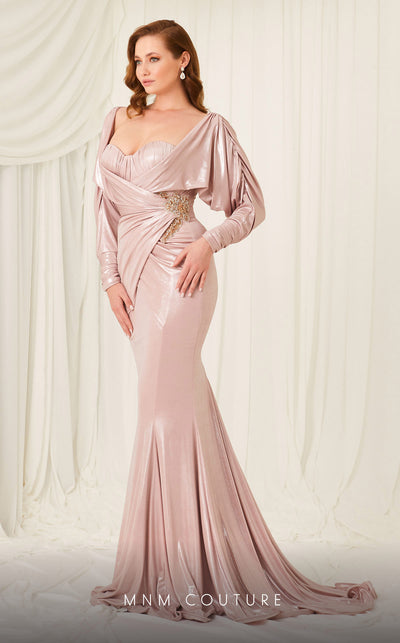MNM Couture 2756: V-neck mermaid gown with puffed sleeves and embroidery. | Couture Shop LA