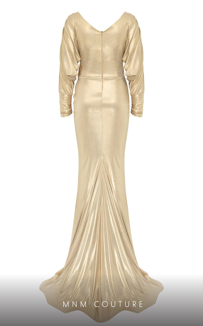 MNM Couture 2756: V-neck mermaid gown with puffed sleeves and embroidery. | Couture Shop LA
