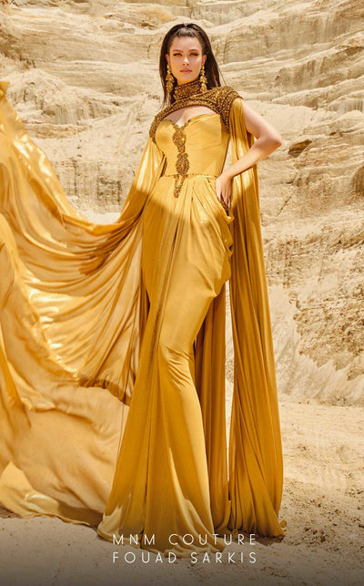 MNM Couture 2759: Metallic chiffon column dress with cap sleeves, sweetheart neckline, and a sophisticated side slit. | Couture Shop LA