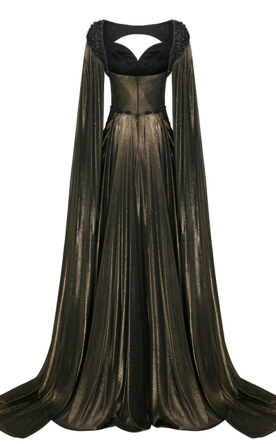 MNM Couture 2759: Metallic chiffon column dress with cap sleeves, sweetheart neckline, and a sophisticated side slit. | Couture Shop LA