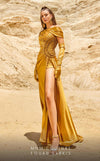 Long asymmetrical jersey lameh gown with a high slit, stone-embellished waist, and embroidered shoulder details.