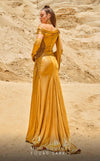 MNM Couture 2760: Long asymmetrical jersey lameh gown with a high slit, stone-embellished waist, and embroidered shoulder details for event | Couture Shop LA