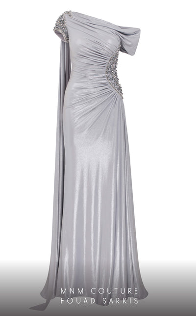 MNM Couture 2760: Long asymmetrical jersey lameh gown with a high slit, stone-embellished waist, and embroidered shoulder details for event | Couture Shop LA