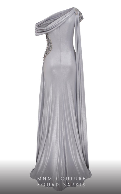 MNM Couture 2760: Long asymmetrical jersey lameh gown with a high slit, stone-embellished waist, and embroidered shoulder details for event | Couture Shop LA