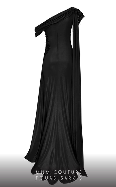 MNM Couture 2760: Long asymmetrical jersey lameh gown with a high slit, stone-embellished waist, and embroidered shoulder details for event | Couture Shop LA