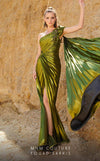 One-shoulder metallic lycra fitted gown with a mermaid silhouette and striking front slit.