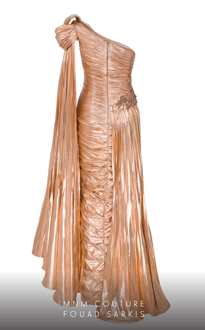MNM Couture 2761: One-shoulder metallic lycra fitted gown with a mermaid silhouette and striking front slit. | Couture Shop LA