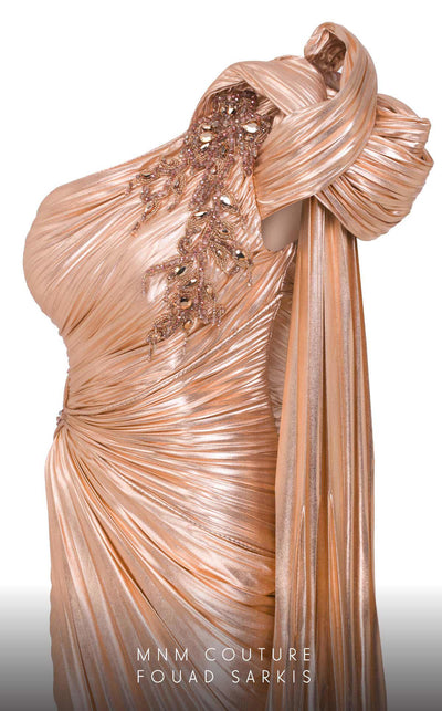 MNM Couture 2761: One-shoulder metallic lycra fitted gown with a mermaid silhouette and striking front slit. | Couture Shop LA
