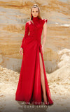 MNM Couture 2764: One-shoulder metallic evening dress with an A-line silhouette and chic side slit. | Couture Shop LA