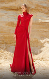 MNM Couture 2764: One-shoulder metallic evening dress with an A-line silhouette and chic side slit. | Couture Shop LA