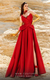 Ball gown with beaded peplum skirt and thigh-high slit, perfect for formal occasions.