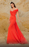 Off-the-shoulder satin evening dress with ruched sweetheart neckline and flared silhouette.