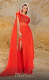 One-shoulder crepe evening dress with a tall front slit and fitted design.