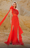 MNM Couture 2772: One-shoulder crepe evening dress with a tall front slit and fitted design. | Couture Shop LA