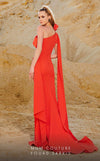 MNM Couture 2772: One-shoulder crepe evening dress with a tall front slit and fitted design. | Couture Shop LA