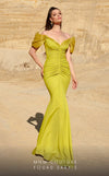 Long evening dress with V-neckline, ruched bodice, and short sleeves for a timeless look.