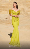 MNM Couture 2774 : Ruched V-Neck Gown with Sleek Train and Short Sleeves