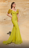 MNM Couture 2774 : Ruched V-Neck Gown with Sleek Train and Short Sleeves