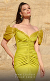 MNM Couture 2774 : Ruched V-Neck Gown with Sleek Train and Short Sleeves