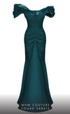 MNM Couture 2774 : Ruched V-Neck Gown with Sleek Train and Short Sleeves