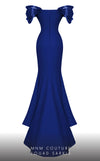 MNM Couture 2774 : Ruched V-Neck Gown with Sleek Train and Short Sleeves